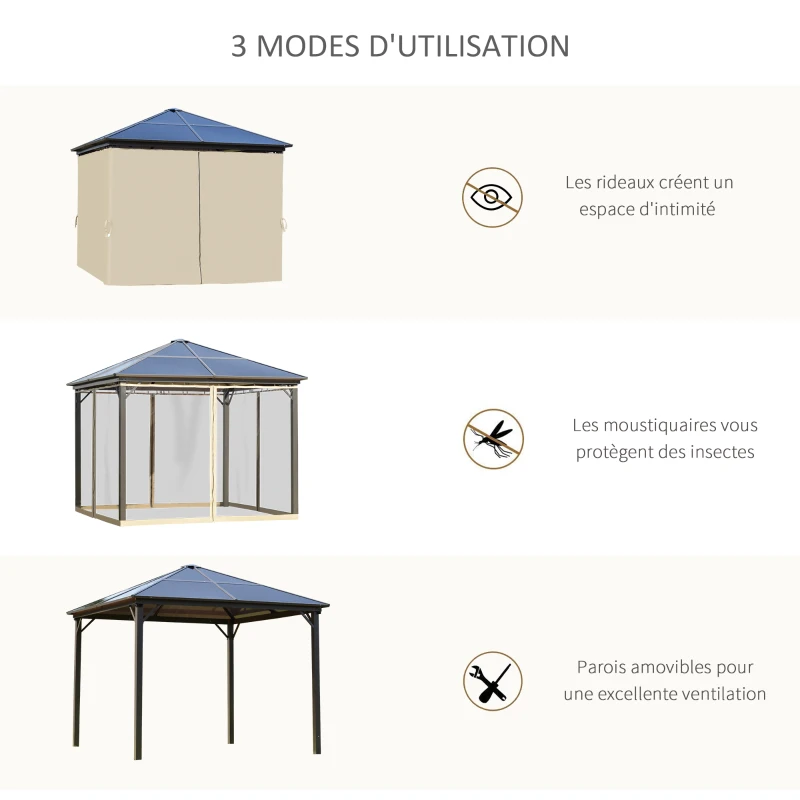 Outsunny Tonnelle pavillon de jardin avec toit rigide polycarbonate imperméable 4 parois latérales anti-UV moustiquaires 3 x 3 m marron et kaki