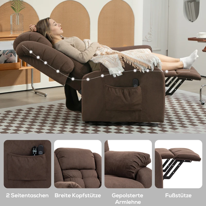 HOMCOM Aufstehsessel mit Massagefunktion und Lendenheizung, Recliner-Sessel mit Fernbedienungen und Seitentaschen, Dunkelbraun(m-8)