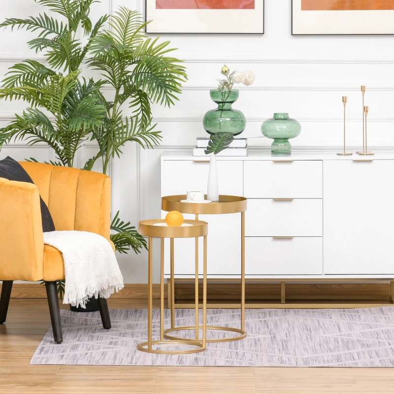 HOMCOM Tables gigognes Lot de 2 Tables Basses Rondes Design Style Art déco Ø 39 et Ø 30 cm métal doré MDF Blanc et Noir