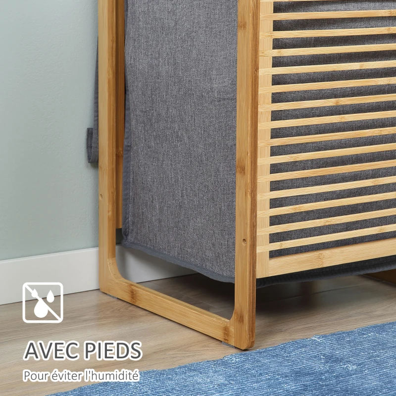 HOMCOM Panier à linge en bambou avec couvercle et poignées grand capacité pour chambre à coucher balcon salle de bain et buanderie 40 x 35 x 60,5 cm bois naturel et gris