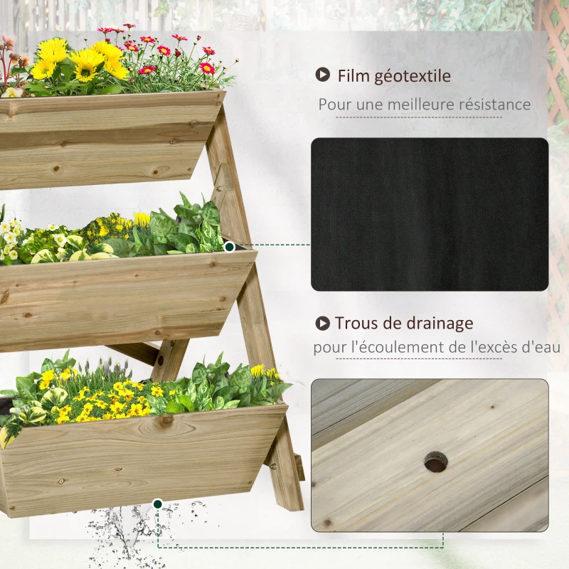 Outsunny Jardinière sur Pieds carré Potager 3 étages dim. 71L x 61l x 77H cm Inserts d'irrigation Feutre de Drainage Bois Sapin Autoclave