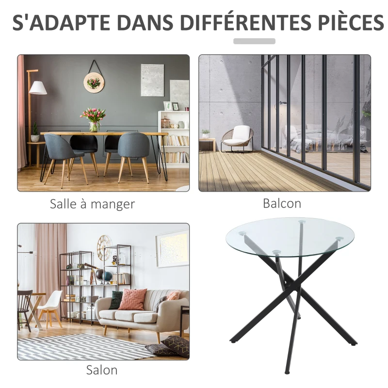 HOMCOM Table ronde de salle à manger table ronde de cuisine en verre design contemporain - Ø 80 x 75H cm - piètement métal noir arqué - plateau verre trempé 7 mm