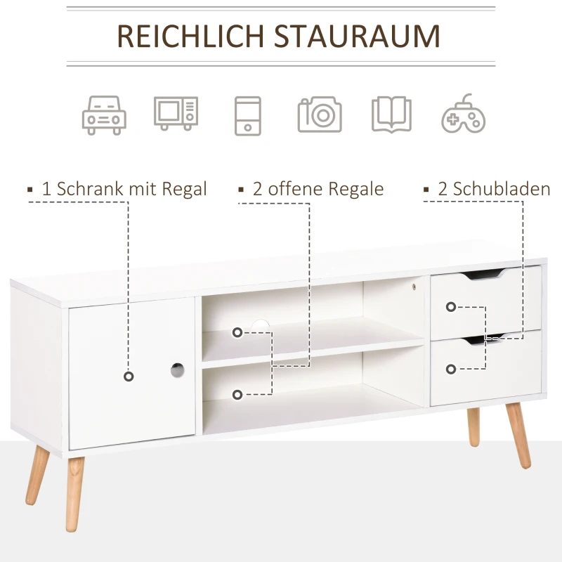 HOMCOM TV Lowboard Fernsehtisch Fernsehschrank für TV bis zu 50" mit Schrank 2 Schubladen Holzfüße Wohnzimmer Weiß 120 x 28 x 44 cm