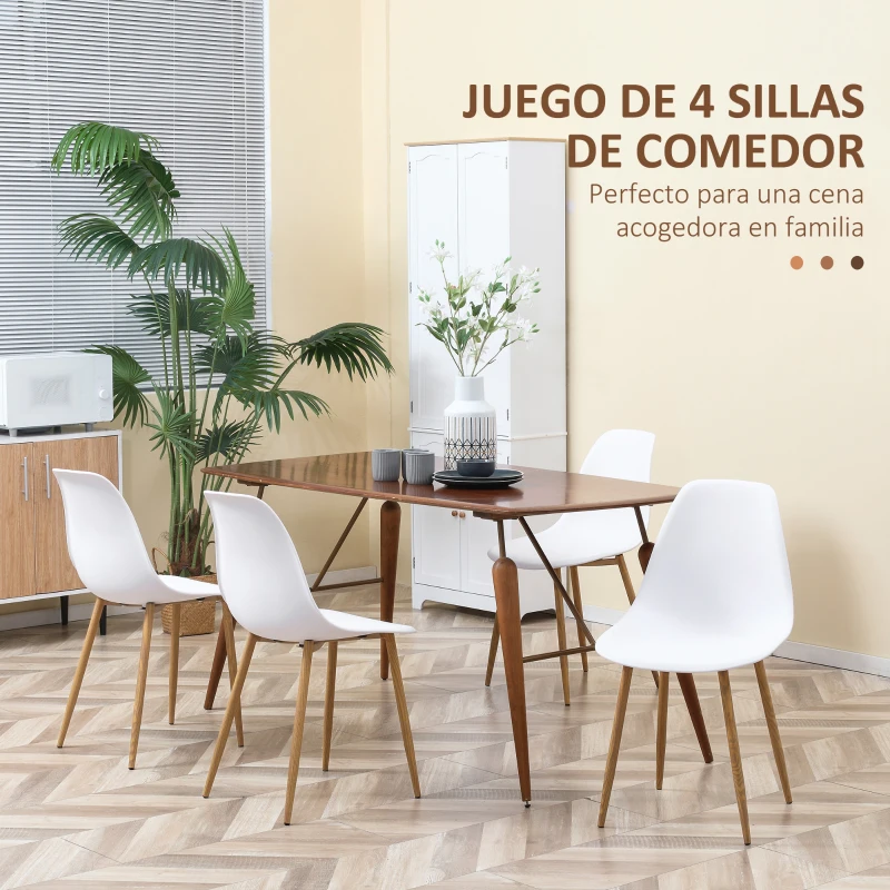 HOMCOM Pack de 4 Sillas de Comedor con Respaldo Alto y Patas de Metal para Salón Cocina 45x52x85,5 cm Blanco y Natural