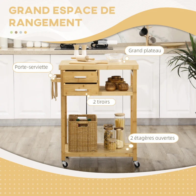 HOMCOM Desserte de cuisine à roulettes chariot de service meuble de rangement pour cuisine en bambou 2 tiroirs 83 x 45 x 96 cm