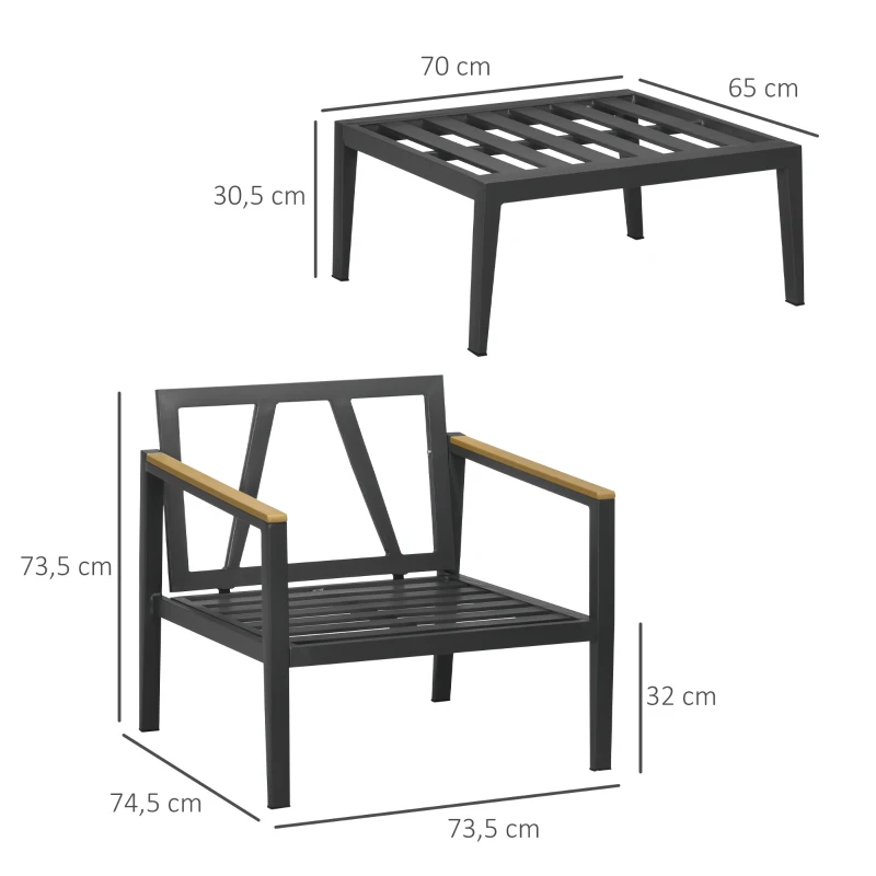 Outsunny Gartensessel mit Ottomane für 2 Personen, abnehmbare Bezüge, wetterbeständig, Hellgrau + Schwarz