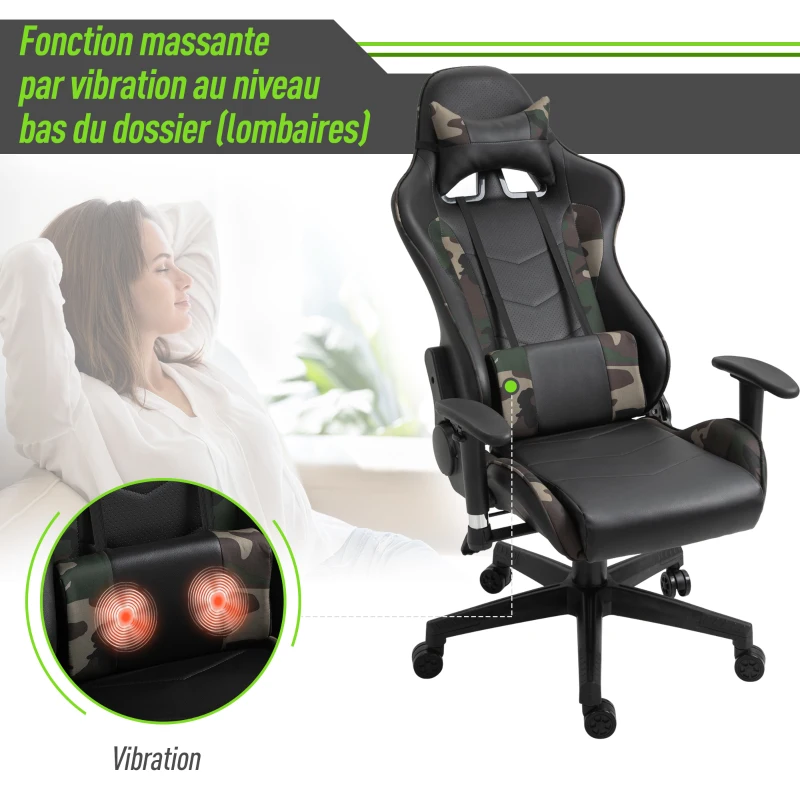 HOMCOM Fauteuil Gamer Chaise gaming Coussin Massant chaise de bureau Accoudoirs réglables coussin lombaire avec fonction de massage par vibration Noir