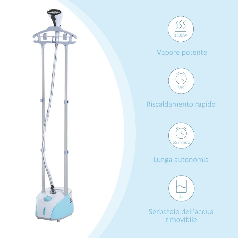 HOMCOM Stiratrice a Vapore, Ferro da Stiro Verticale da 2L, Potenza 1800W, Doppia Asta Telescopica Retrattile, 24x35x21cm, Azzurra