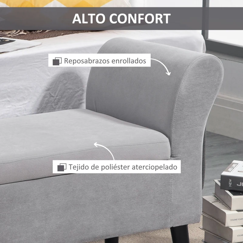 HOMCOM Banco de Almacenamiento con Tapa Abatible Reposabrazos y Patas de Madera para Salón 111,5x41x65 cm Gris Claro