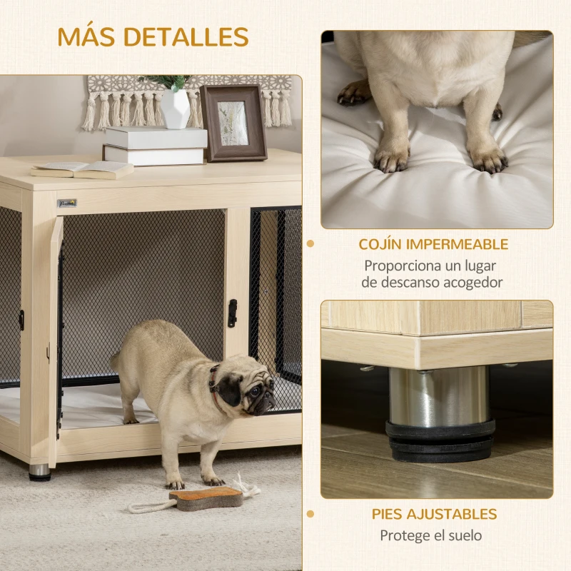 PawHut Jaula para Perros Grandes de Interior Mesa Auxiliar con 2 Puertas con Pestillo y Cojín 94x60x71,5 cm Roble