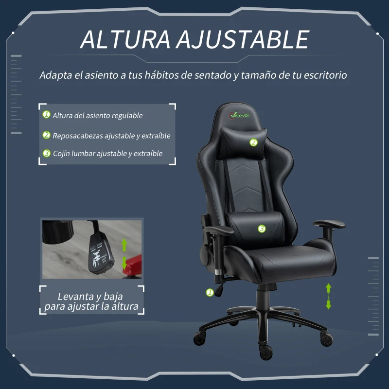 Vinsetto Silla Gaming Giratoria Silla Gamer Reclinable Tapizado en Cuero Sintético Altura Ajustable 73x71x128-136 cm Negro