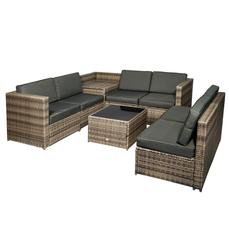Outsunny 8 Pieces Outdoor PE Rattan Sofa Set with Cushions, Patio Garden Furniture Sets with Glass Top Coffee Table, Storage Corner Table, Mixed Brown