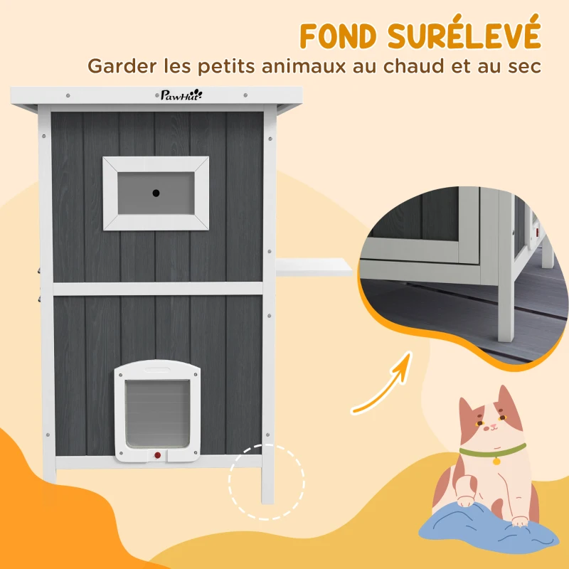 PawHut Niche pour chat extérieure maison pour chat 2 niveaux porte chatière porte à lamelles 60 x 60 x 90,5 cm gris