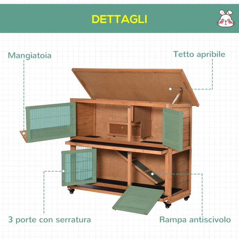 PawHut Conigliera in Legno a 2 Livelli con Ruote, Vassoio Estraibile e Rampa, 122x50x101cm