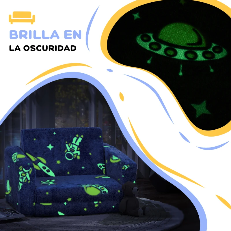 AIYAPLAY Sofá Infantil Plegable 2 en 1 Tapizado de Tela Luminosa con Patrón Cósmico Cojín y Funda Lavables Azul