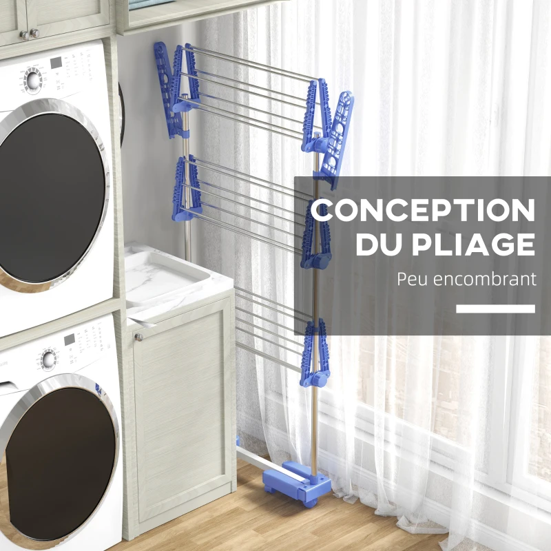 HOMCOM Séchoir à linge étendoir pliable ailes latérales utilisation intérieure et extérieure 3 niveaux 142 x 55 x 152 cm bleu