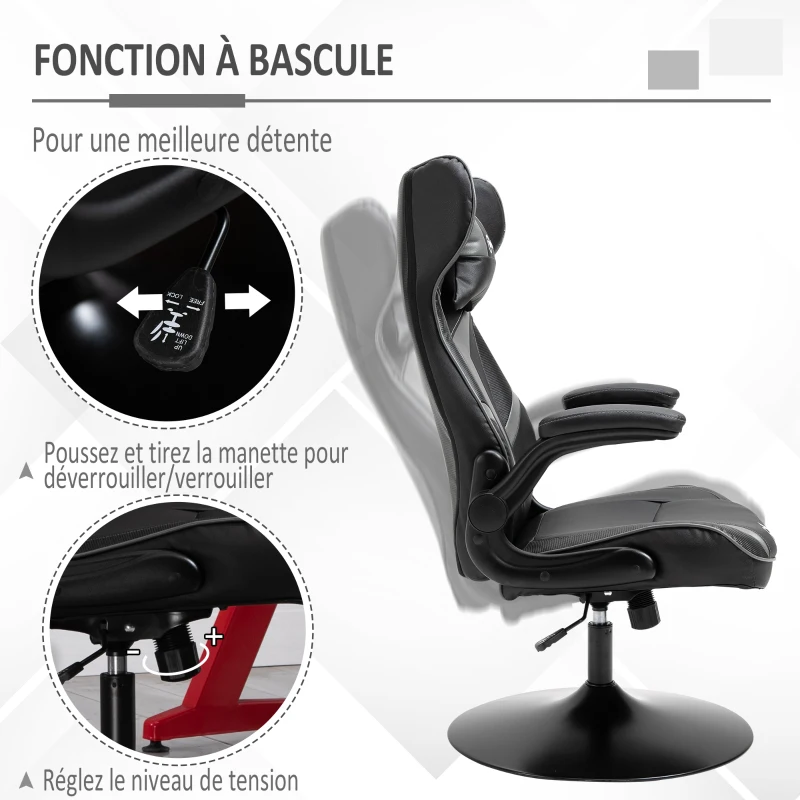 Vinsetto Fauteuil gamer chaise de jeu gaming pivotante 360° ergonomique hauteur réglable accoudoirs revelables coussin têtière inclus revêtement similicuir 67 x 70 x 106-112 cm gris clair et noir