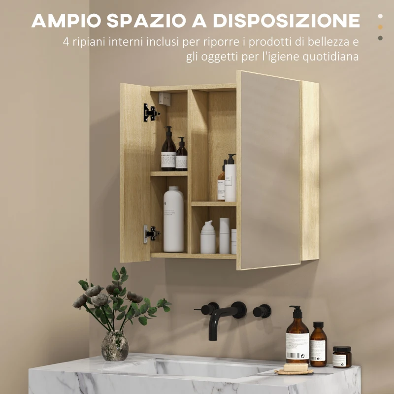 kleankin Mobile da bagno con Specchio e 4 Ripiani interni, in truciolato, 60x15x60cm, color Legno