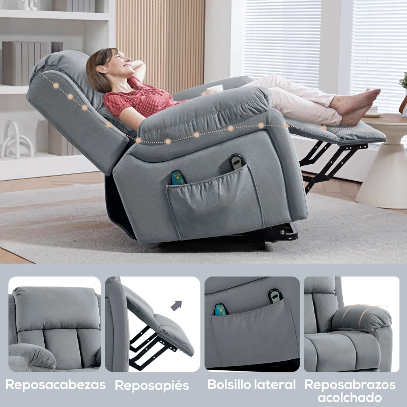 HOMCOM Sillón Levanta Personas con 8 Punto de Masaje Función de Calentamiento Mando a Distancia y Bolsillo Lateral Gris