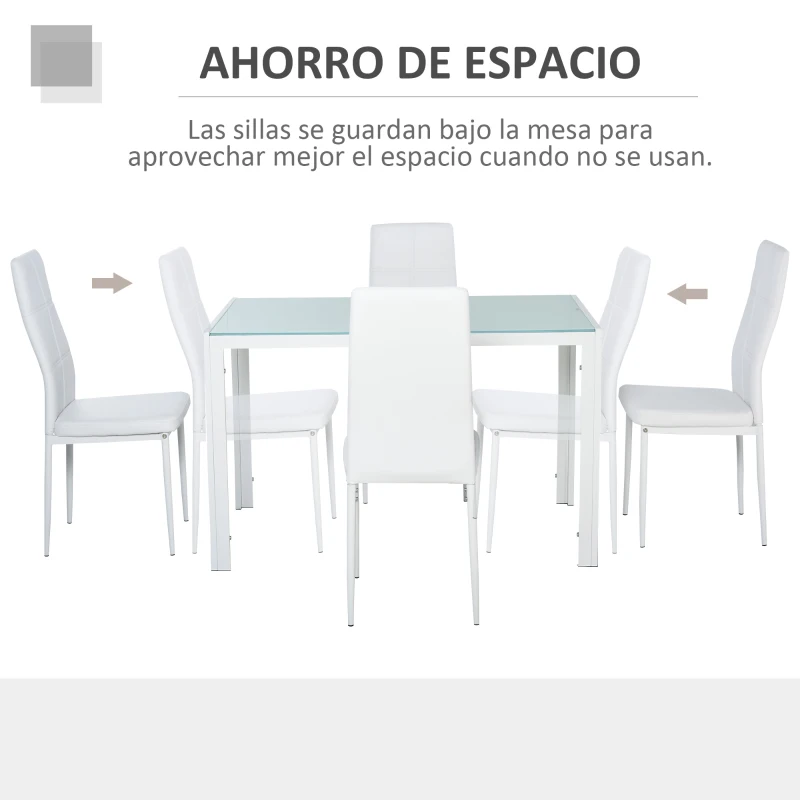 HOMCOM Conjunto de Comedor de Mesa y 4 Sillas 5 Piezas Mesa Rectangular de Vidrio Templado y Sillas Tapizadas en PU Blanco