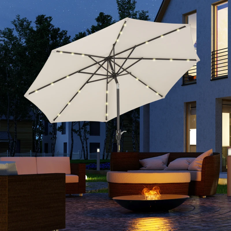 Outsunny Φ2.7m Garden 24 LED Light Parasol Solar Outdoor Tilt Sun Umbrella Patio Club Party Event Manual Sun Shade w/ Hand Crank and 8 Ribs, Off-white