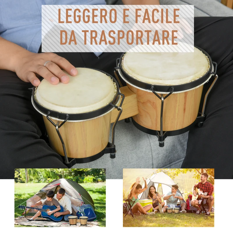 HOMCOM Bongo Professionale in Legno e Pelle con 2 Tamburi Φ20cm e Φ18cm, Borsa di Trasporto Nera Inclusa