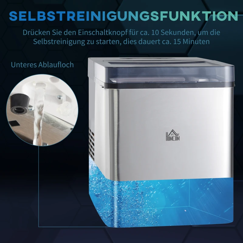 HOMCOM Eiswürfelmaschine, 2, 1 Liter Wasser, 15 kg in 24 h, Selbstreinigend, Weiß, inkl. Eiswanne + Eisschaufel