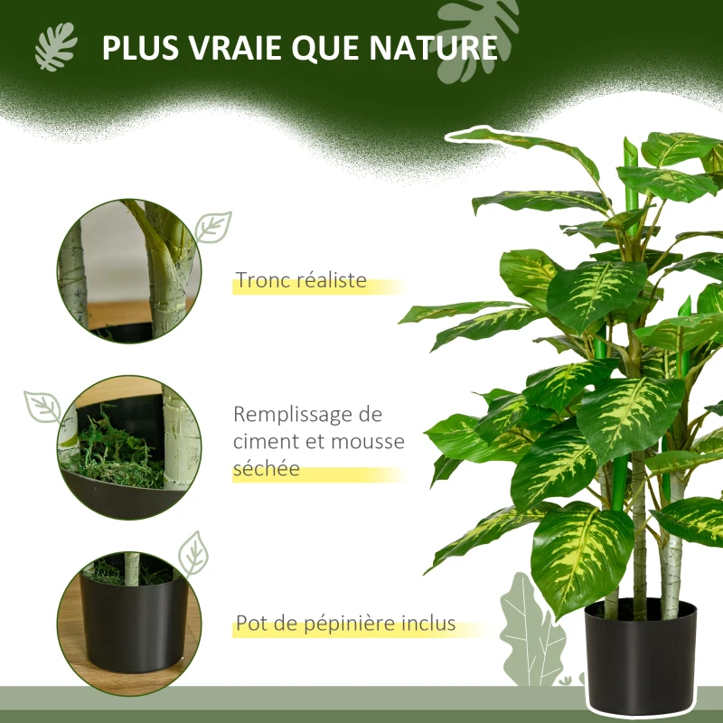 HOMCOM Plante artificielle calathea hauteur 95 cm pot ciment - intérieur