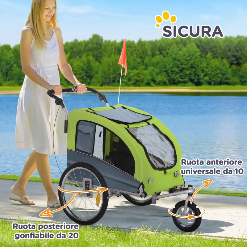 PawHut Rimorchio Bici per Cani Taglia Media a 2 Ingressi con Finestrelle e Tettuccio Apribile, 126-155x83x108 cm, Verde