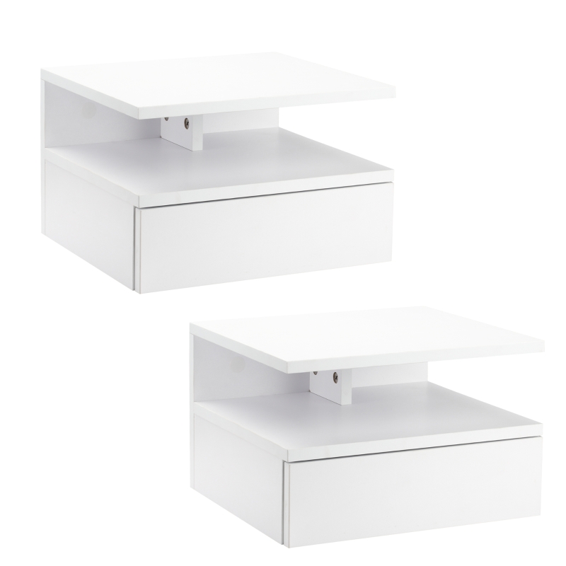 HOMCOM Juego de 2 Mesitas de Noche Flotantes Mesitas de Noche Colgantes con 1 Cajón y Estante Abierto para Dormitorio 35x32x22,5 cm Blanco(m-10)