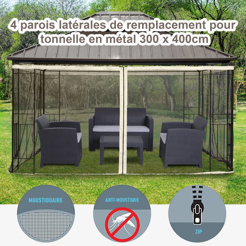 Outsunny Moustiquaires pour tonnelle barnum pavillon de jardin 3 x 4 m - lot de 4 moustiquaires zippées + crochets d'attaches - polyester nylon