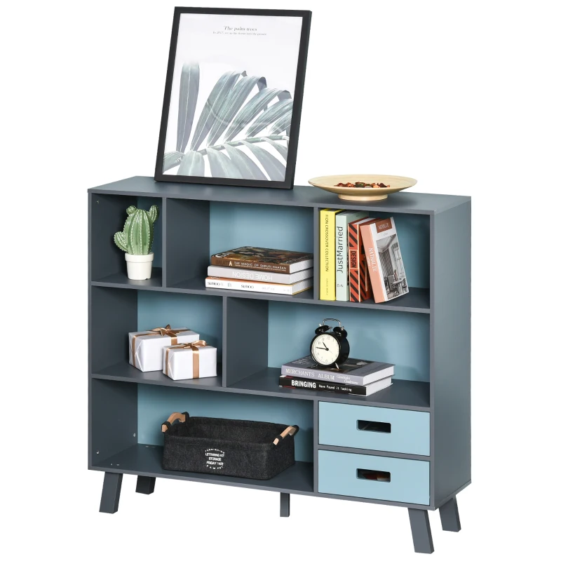 HOMCOM Bücherregal, Standregal , Aufbewahrungregal, Bücherschrank mit 2 Schubladen, MDF, Blau, 105 x 30 x 96 cm