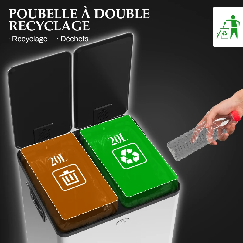HOMCOM Poubelle de cuisine double, 2 x 20L, 2 couvercles à fermeture douce, seaux intérieurs amovibles et poignées