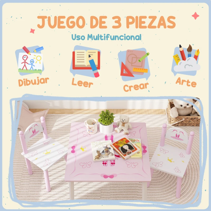 AIYAPLAY Mesa y Sillas Infantiles para Niños de 2-5 Años de 3 Piezas Mesa Infantil con Sillas para Sala de Juegos Rosa y Blanco