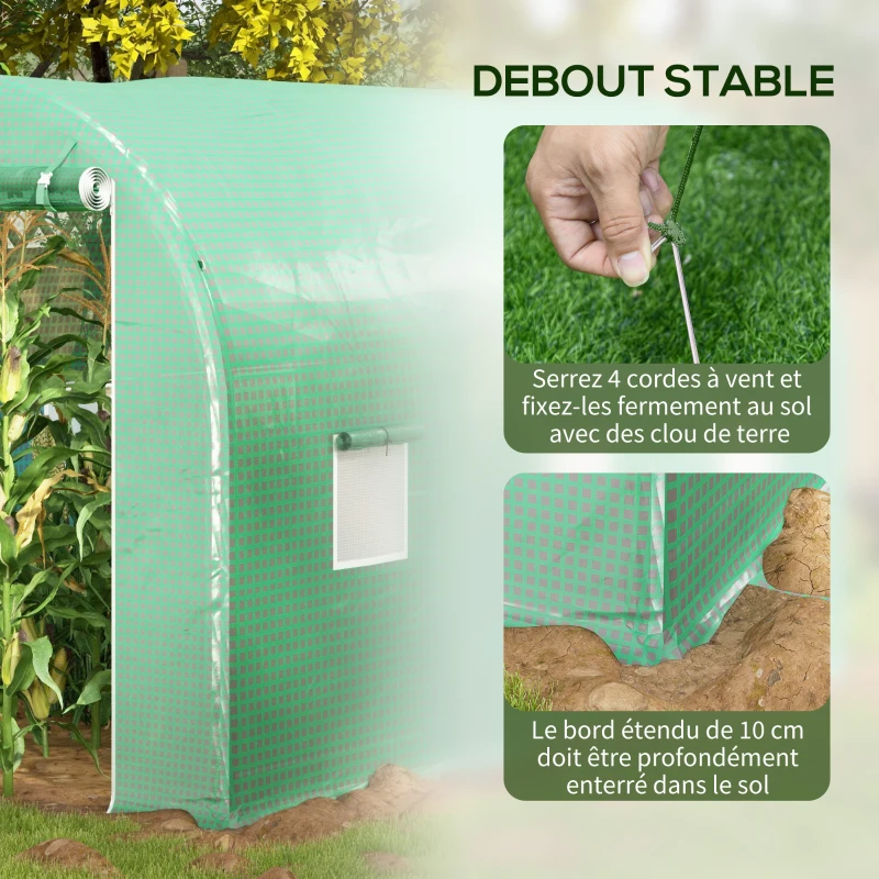 Outsunny Serre de Jardin Tunnel Surface Sol 6 m² châssis Tubulaire renforcé Porte zippée 4 fenêtres enroulables Vert
