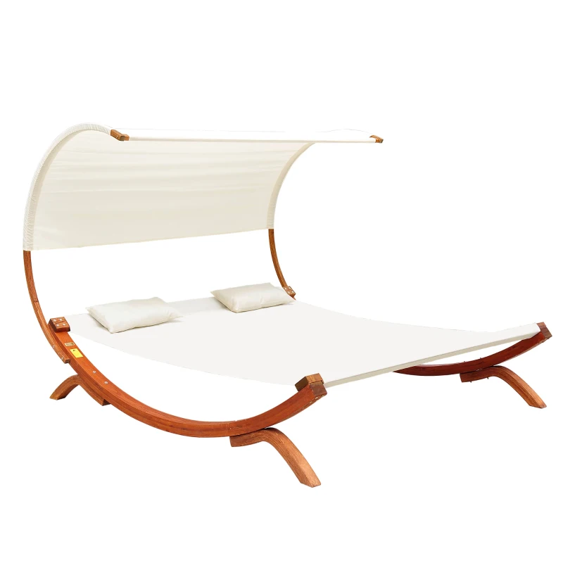 HOMCOM Bain de Soleil transat Design 2 Places tétières & Pare-Soleil Inclus Bois mélèze pré-huilé Polyester crème