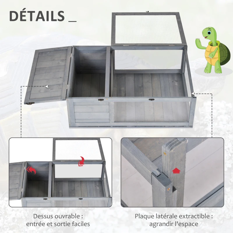 PawHut Maison enclos cage habitat pour petit animal tortues avec 2 espaces 91 x 60,5 x 32 cm bois massif gris