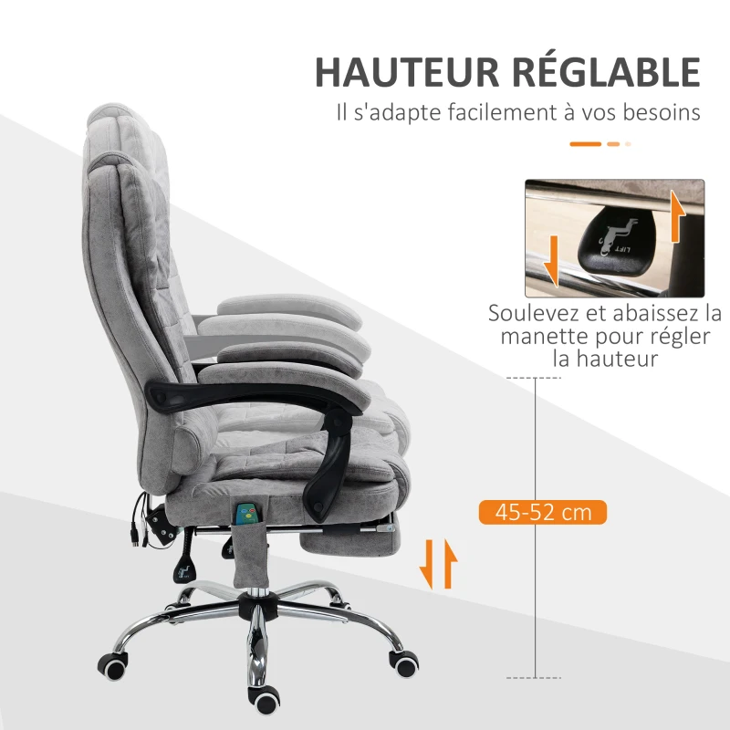 Vinsetto Fauteuil de bureau direction massant chauffant hauteur réglable dossier inclinable toile de microfibre gris(m-6)