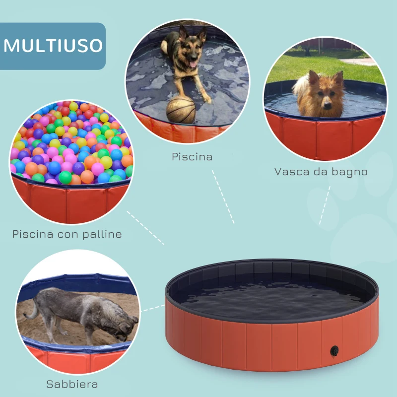 PawHut Piscina Vasca da Bagno Portatile Pieghevole per Cani Animali Domestici in PVC Φ140 x 30cm Rosso