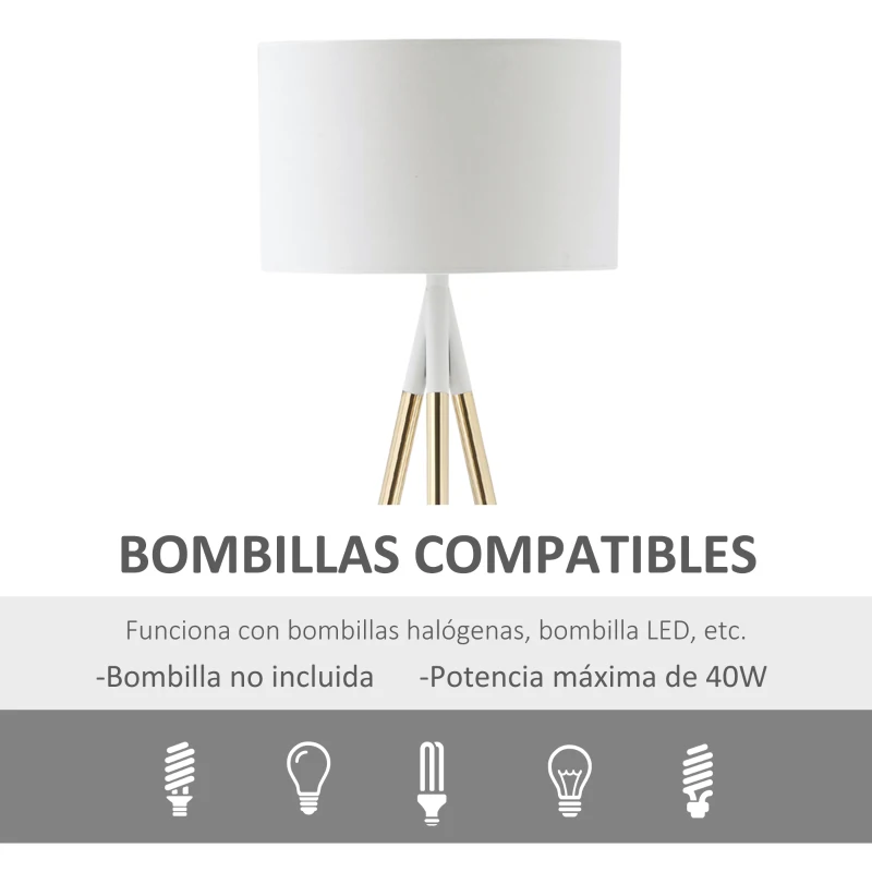 HOMCOM Lámpara de Pie con Trípode de Metal E27 Máx. 40W Pantalla de Tela e Interruptor de Pie Lámpara de Suelo Moderna para Salón Dormitorio Ø53x144 cm Blanco y Dorado