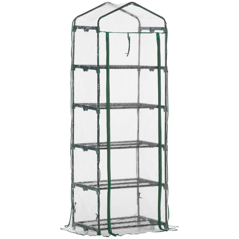 Outsunny Foliengewächshaus Mini-Gewächshaus mit 5 Regale für Blumen oder Gemüse Aufzucht Treibhaus Transparent+Grün Stahl Kunststoff 69 x 49 x 193 cm