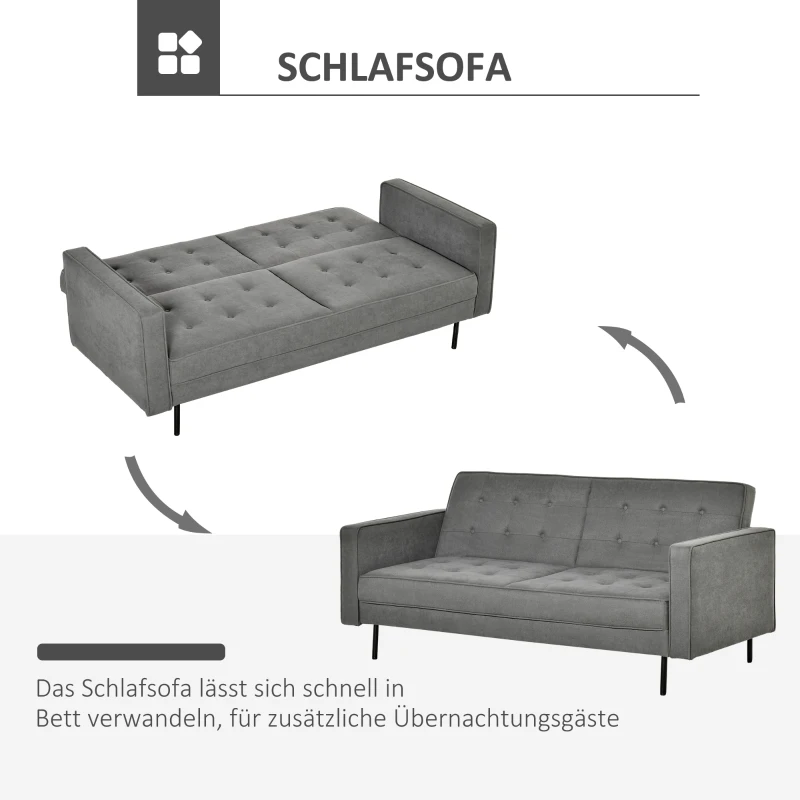 HOMCOM Schlafsofa 3-Sitzer Schlafcouch Stoffsofa Sofa mit Schlaffunktion Bettsofa mit verstellbarem Winkel Vintage Eukalyptusholz Baumwolle Grau