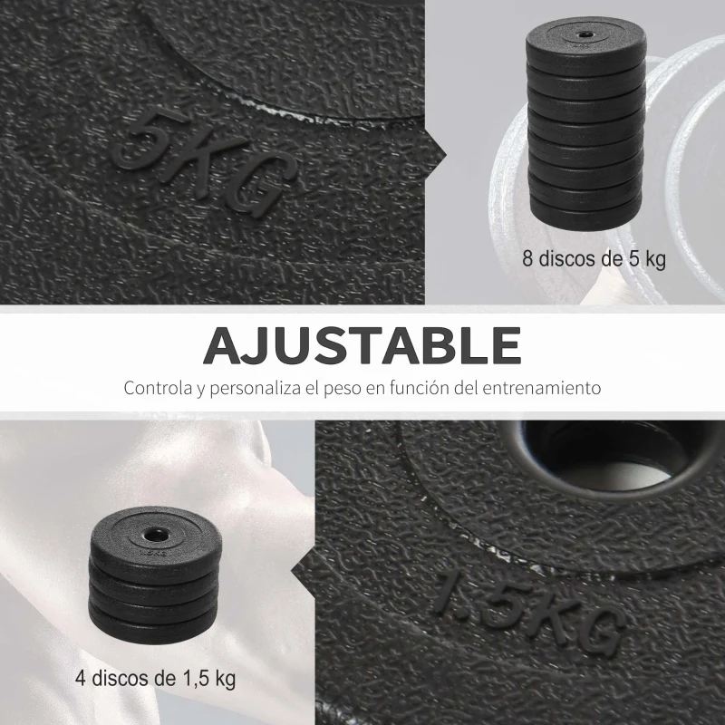 HOMCOM Juego de Mancuernas Ajustables con Barra de Conexión de Acero y Discos Desmontables 8x5 kg 4x1,5 kg Total 50 kg Negro