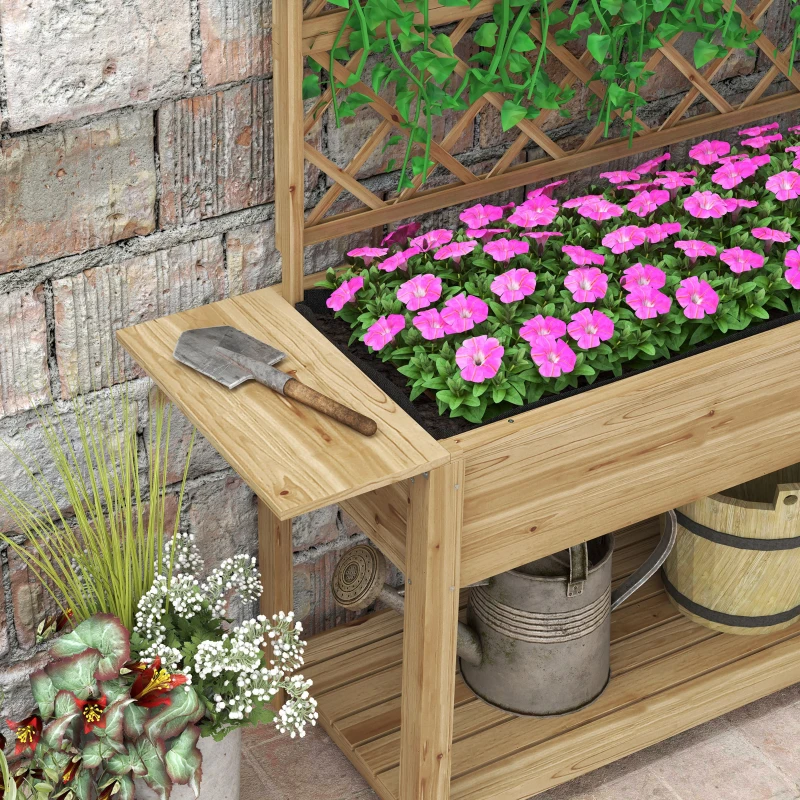 Outsunny Jardinière rectangulaire sur pieds avec treillis 2 tablettes latérales rabattables 1 étagère inférieure bois