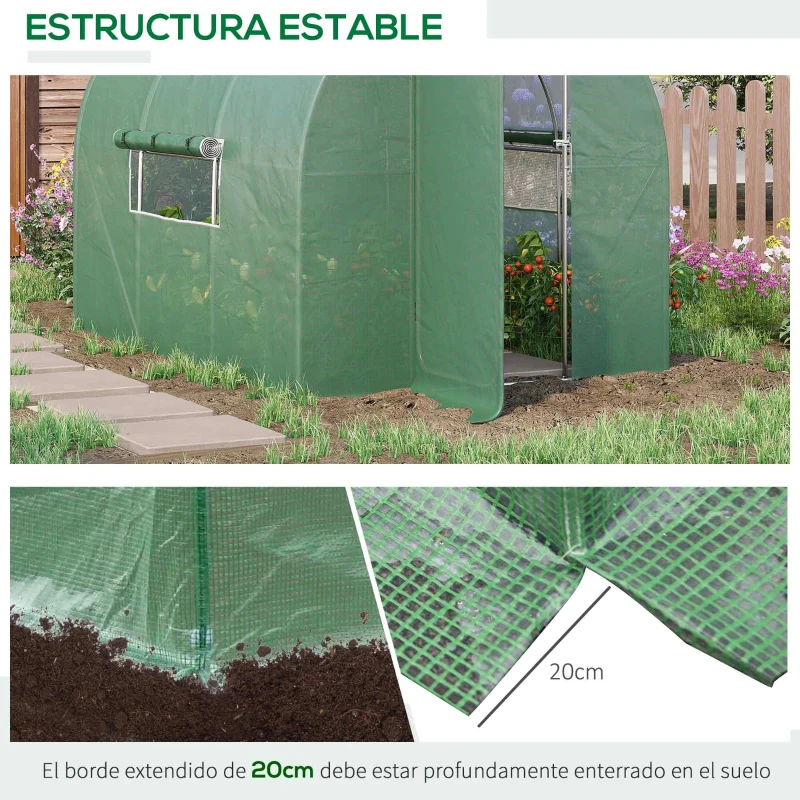 Outsunny Invernadero de Túnel 3x2x2 m con Puerta y Ventanas Invernadero de Jardín con Cubierta de PE y Metal Galvanizado Verde