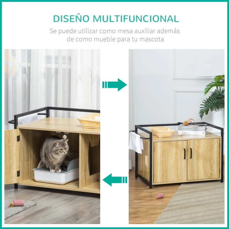 PawHut Casa para Gatos de Madera Mueble Arenero para Gatos 2 en 1 con Armario de Almacenaje Encimera Amplio 2 Puertas Orificio de Entrada Lateral y Barra de Colgar 82,3x51x54 cm Natural