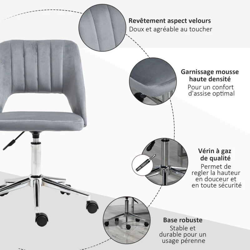 Vinsetto Chaise de bureau design contemporain pivotante 360° ergonomique dossier strié aéré hauteur réglable revêtement velours 49 x 60 x 91 cm gris foncé