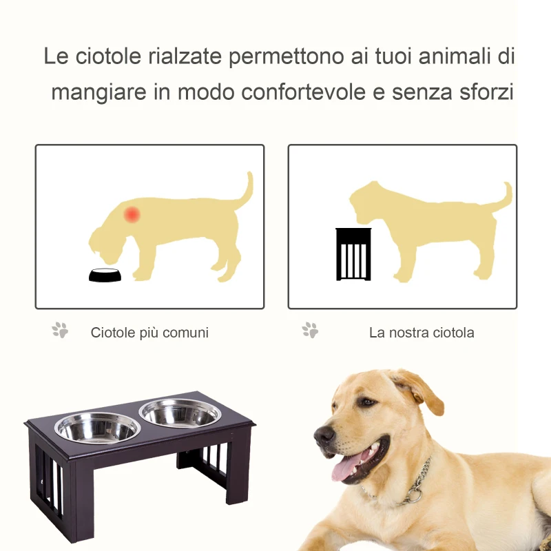 PawHut Ciotole Rialzate per Cani Taglia Media, Supporto Portaciotole in MDF con 2 Ciotole in Acciaio Inox per Cibo e Acqua, Caffè Scuro