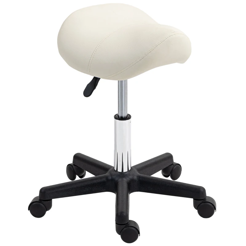HOMCOM Saddle Stool, PU Leather Adjustable Rolling Salon Chair with Steel Frame for Massage, Spa, Beauty and Tattoo, White