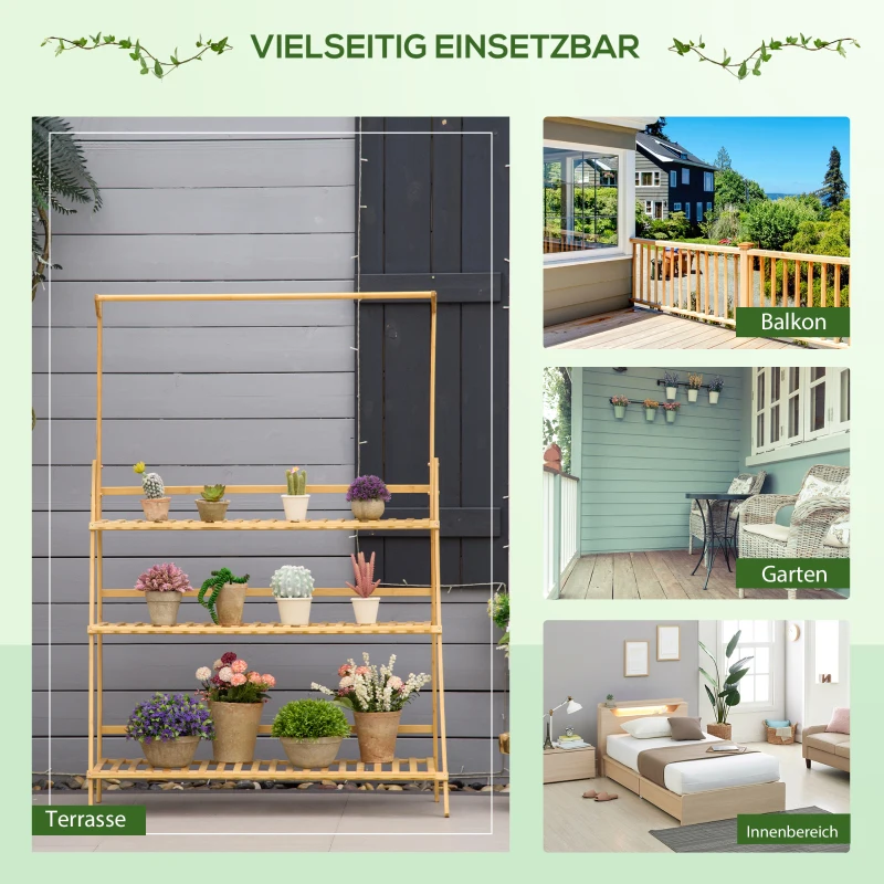 Outsunny Blumentreppe aus Holz Pflanzenständer Leiterregal einstellbare Hängehöhe Blumenständer hängende Bamboo Natur innen draußen 100 x 40 x 143 cm